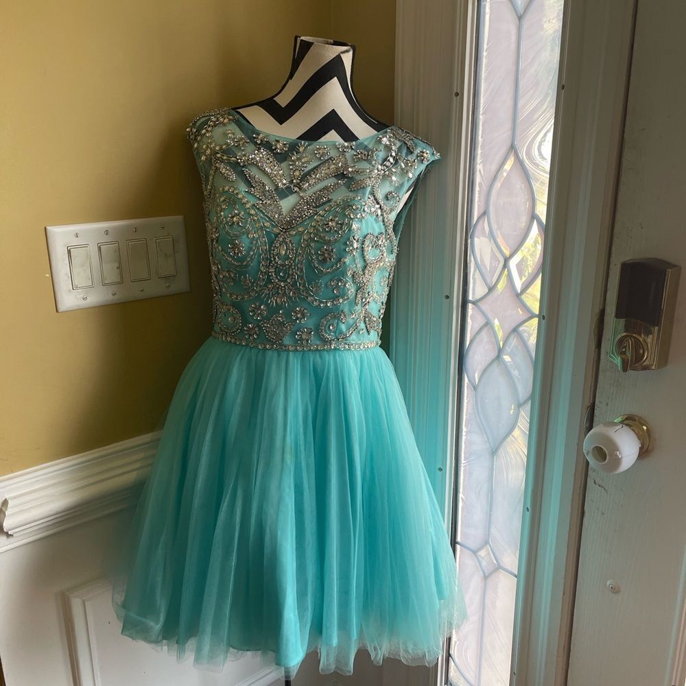 Aspeed Design Embellished Halter Aqua A line Dress rhinestone &beads accents SZL